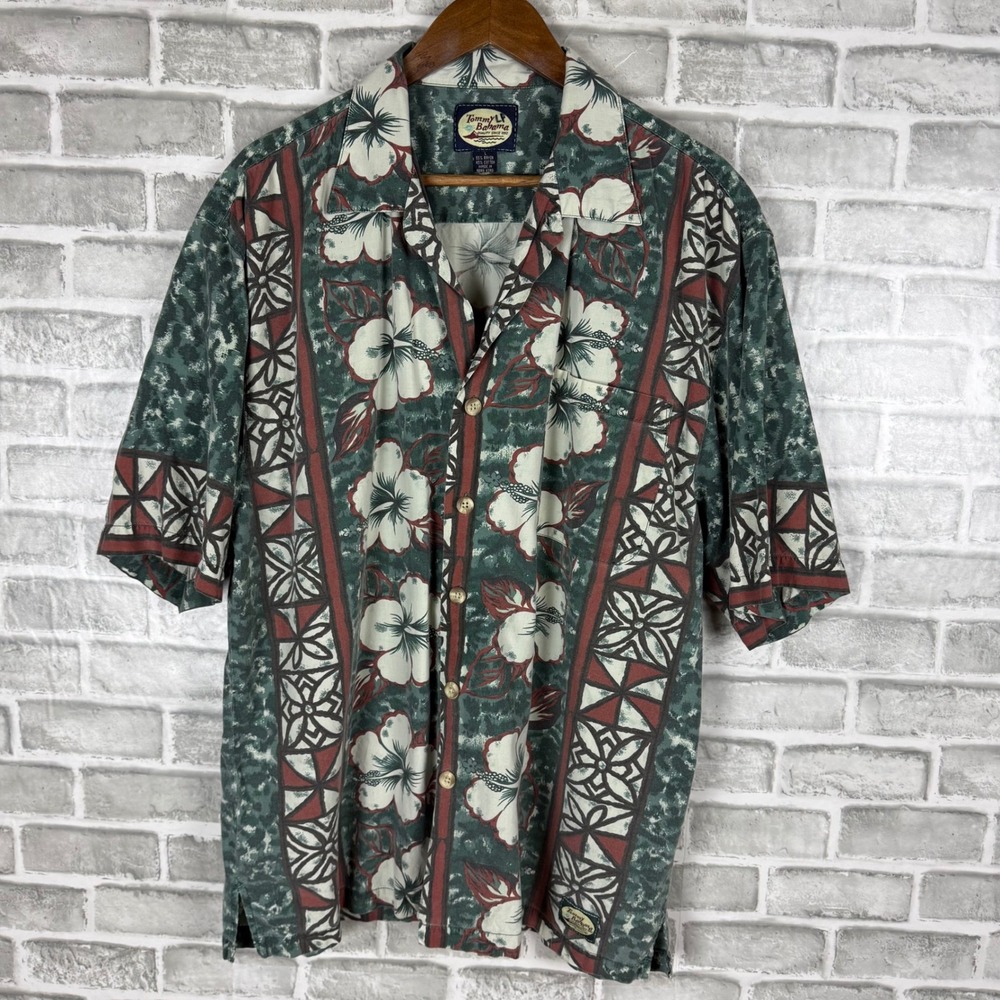 Tommy Bahama Vintage Mens Large Hibiscus Tribal Tropical Rayon Cotton Camp Shirt